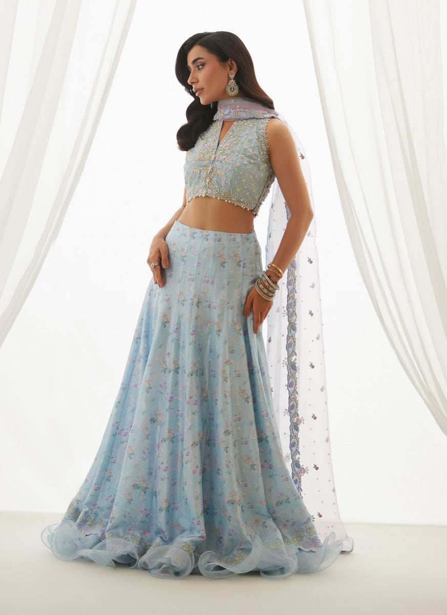 Zyla Sky Blue Choli, Lehenga And Dupatta