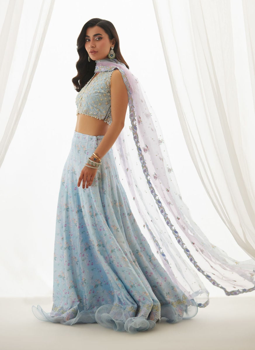 Zyla Sky Blue Choli, Lehenga And Dupatta