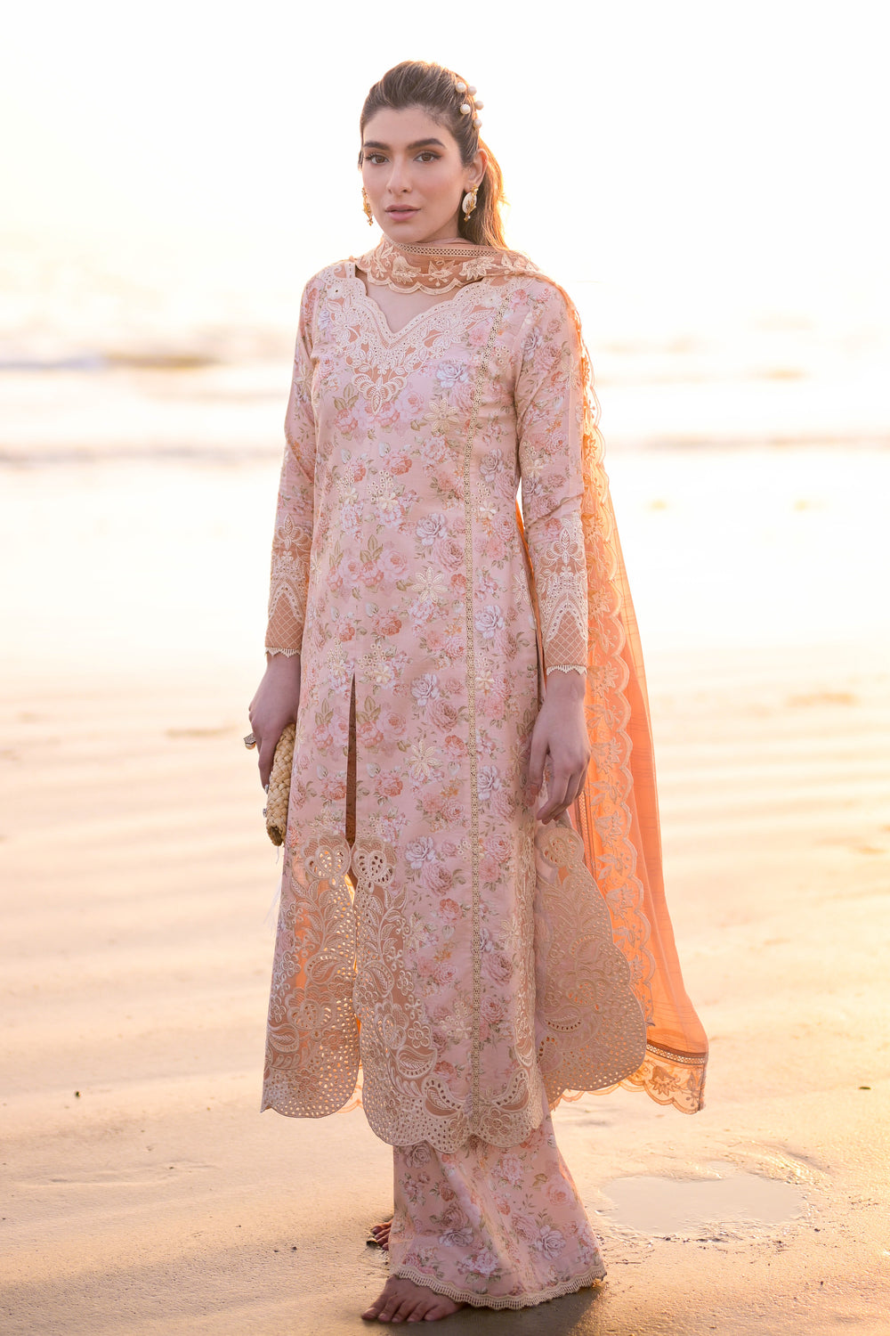 PASTEL FLORAL PEACH LUXURY LAWN EMBROIDERED SET - NEL-24610