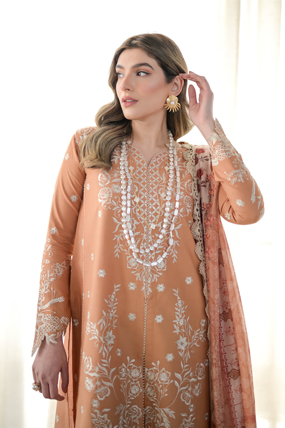 PEACH SAND LUXURY LAWN EMBROIDERED SET - NEL-24614